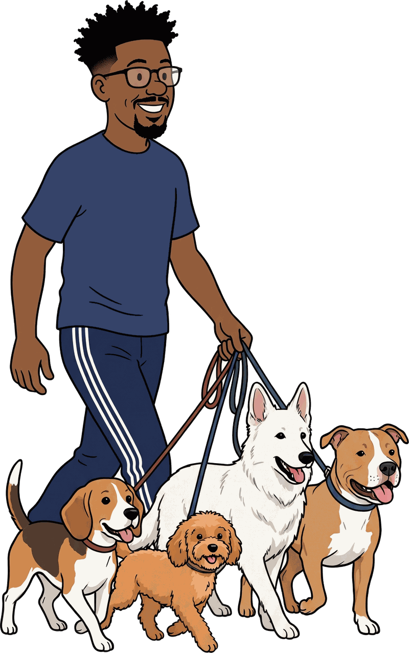 The Dog Ronin walking a beagle, a doodle, a white shepherd and a pit bull